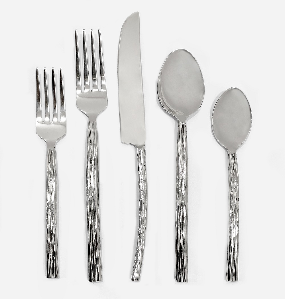 Shiny Silver Flatware With Textured Handle