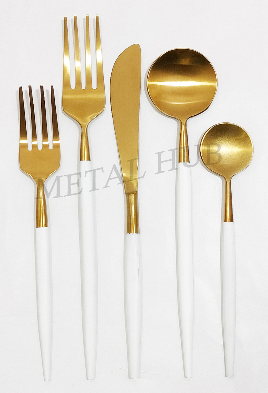 Brushed Gold Flatware Set With White Enamel Handle