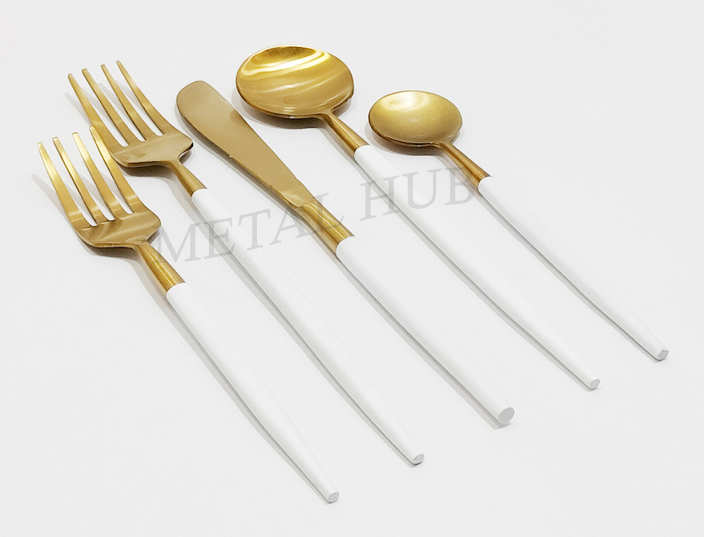 Brushed Gold Flatware Set with White Enamel Handle