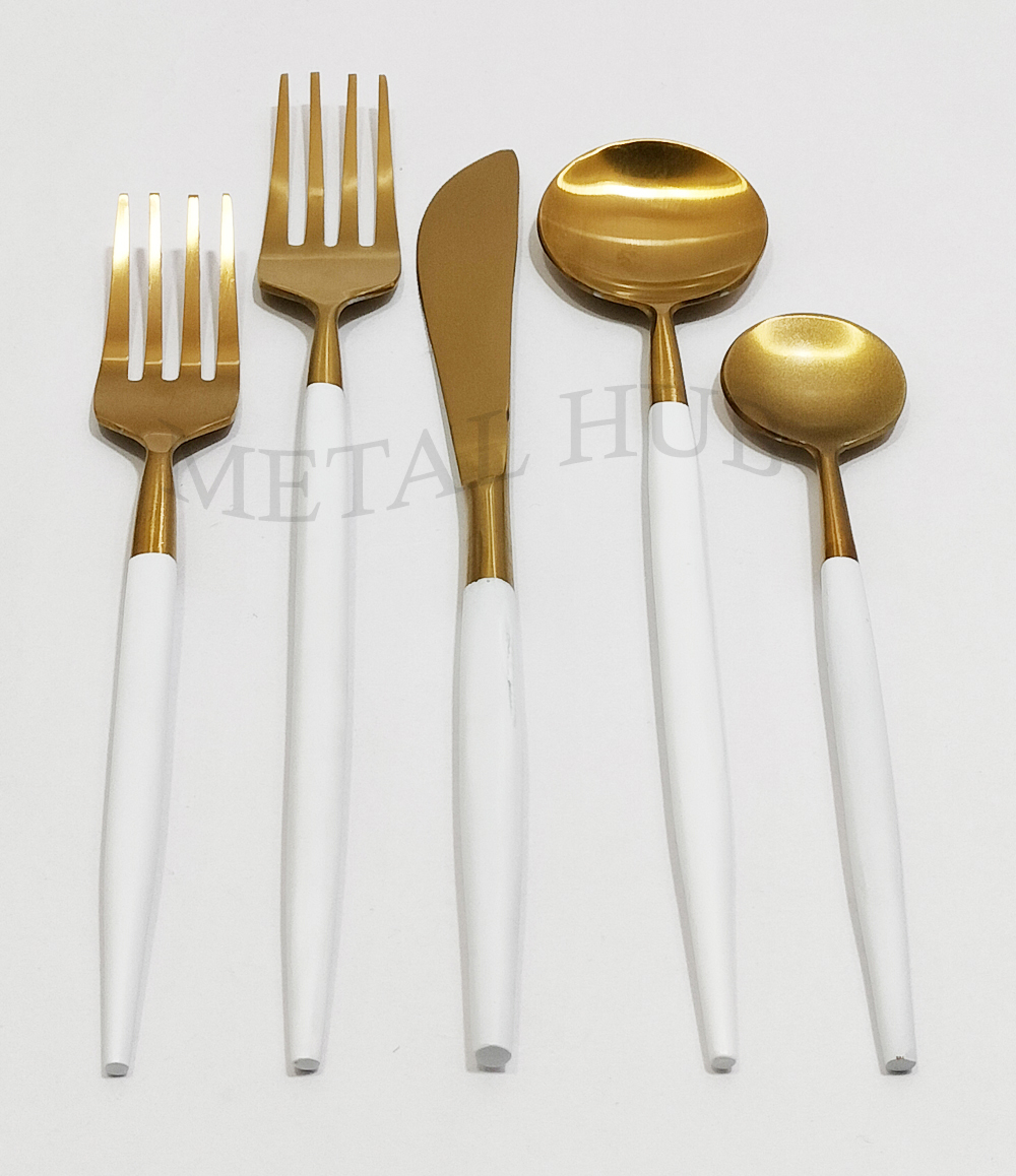 Brushed Gold Flatware Set with White Enamel Handle