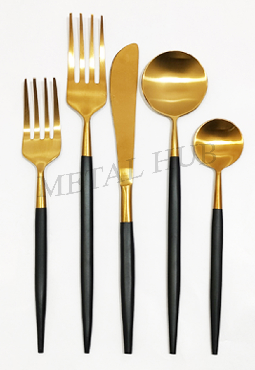 Brushed Gold Flatware Set With Black Enameled Handle (Set Of 5)