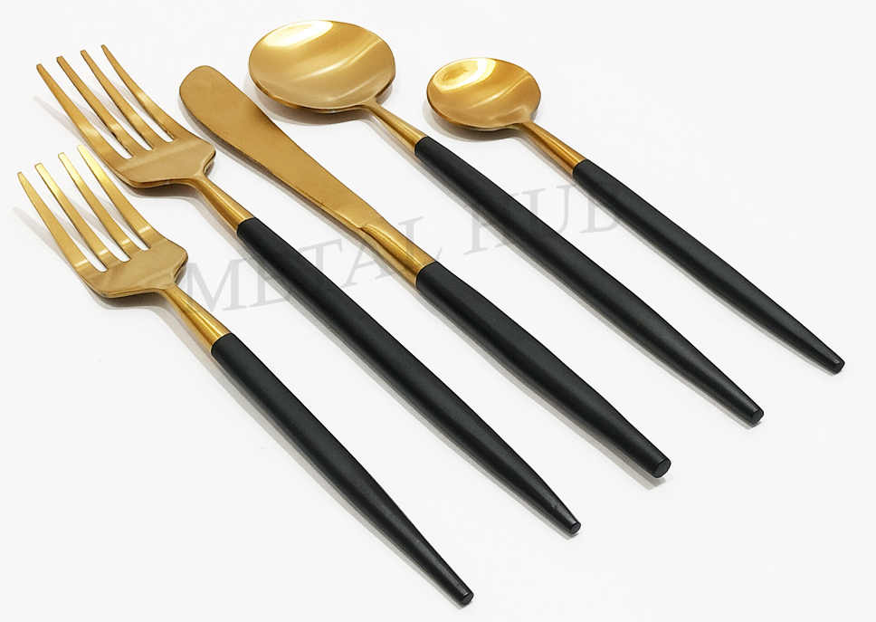 Brushed Gold Flatware Set With Black Enameled Handle (Set of 5)
