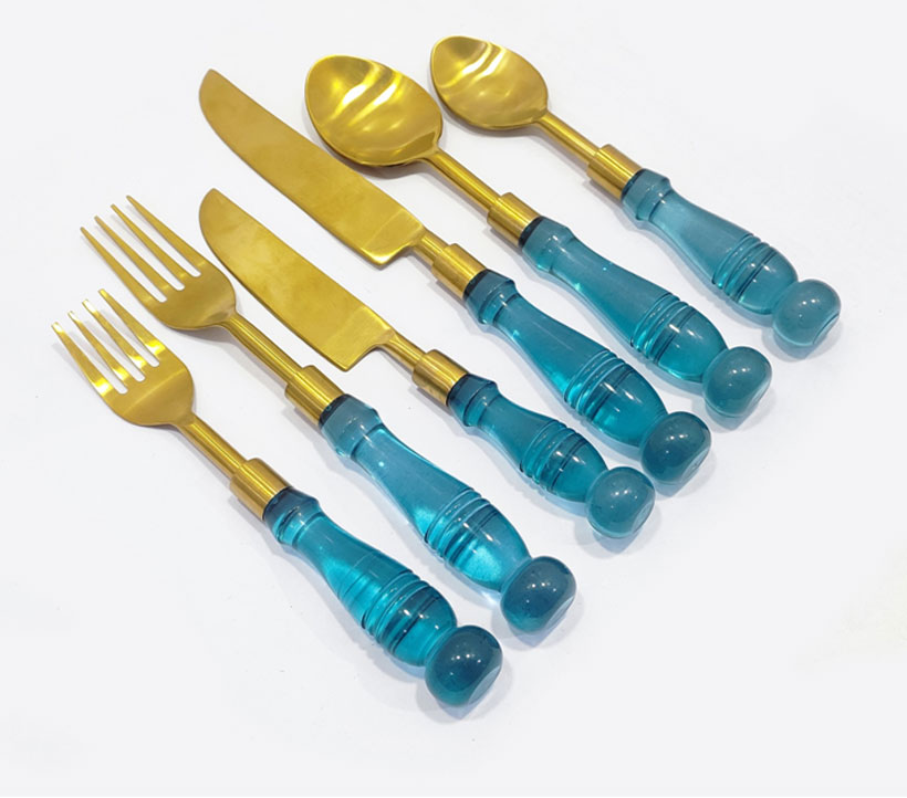 Brushed Gold Flatware Set With Aqua Blue Handle