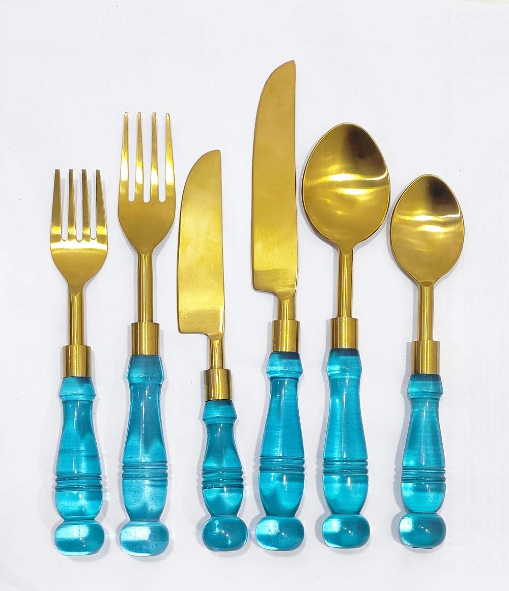 Brushed Gold Flatware Set With Aqua Blue Handle